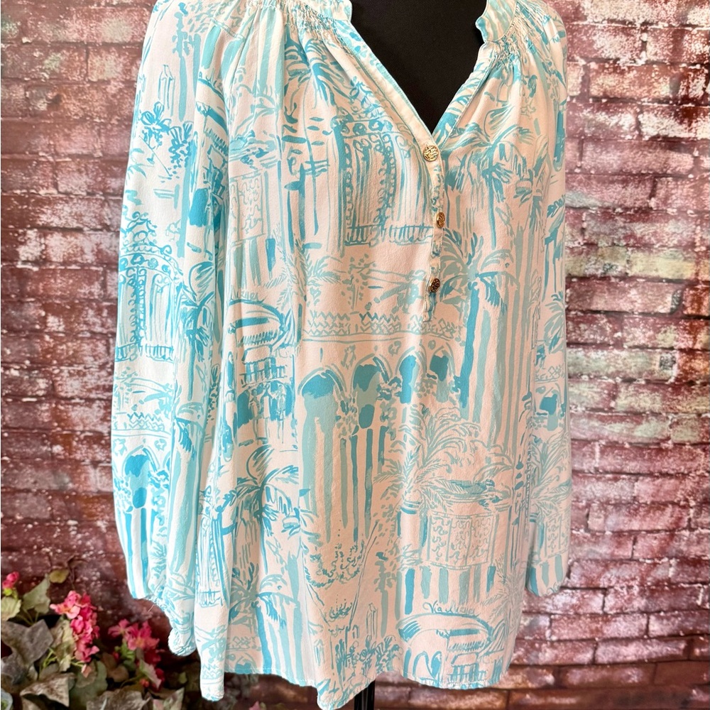 Lilly Pulitzer White and Aqua Scenic V-Neck Peasant Blouse